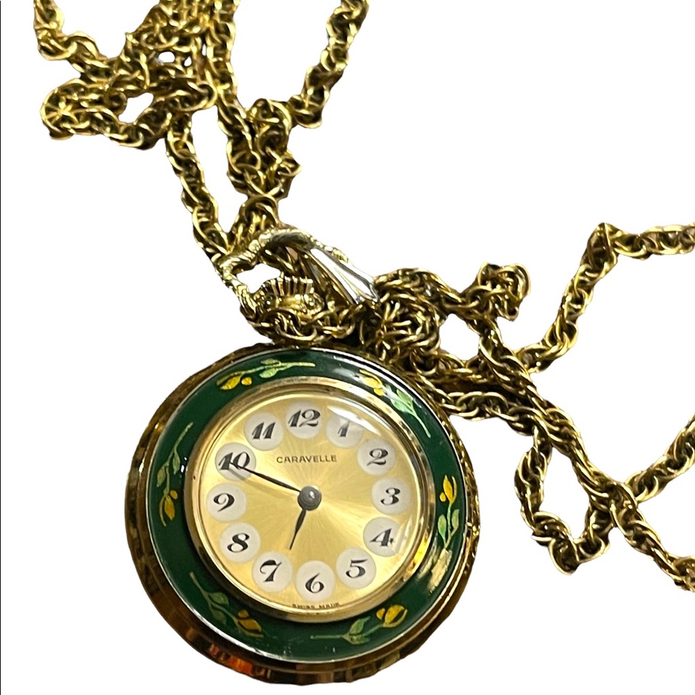 Vintage Caravelle Necklace watch green enamel bird flowers